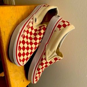 Red and white checkered Slip on Vans